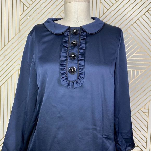 Boden Sophia Sequin Collared 3/4 Sleeve Blouse Top in Navy Blue Size US 6 - Picture 3 of 12